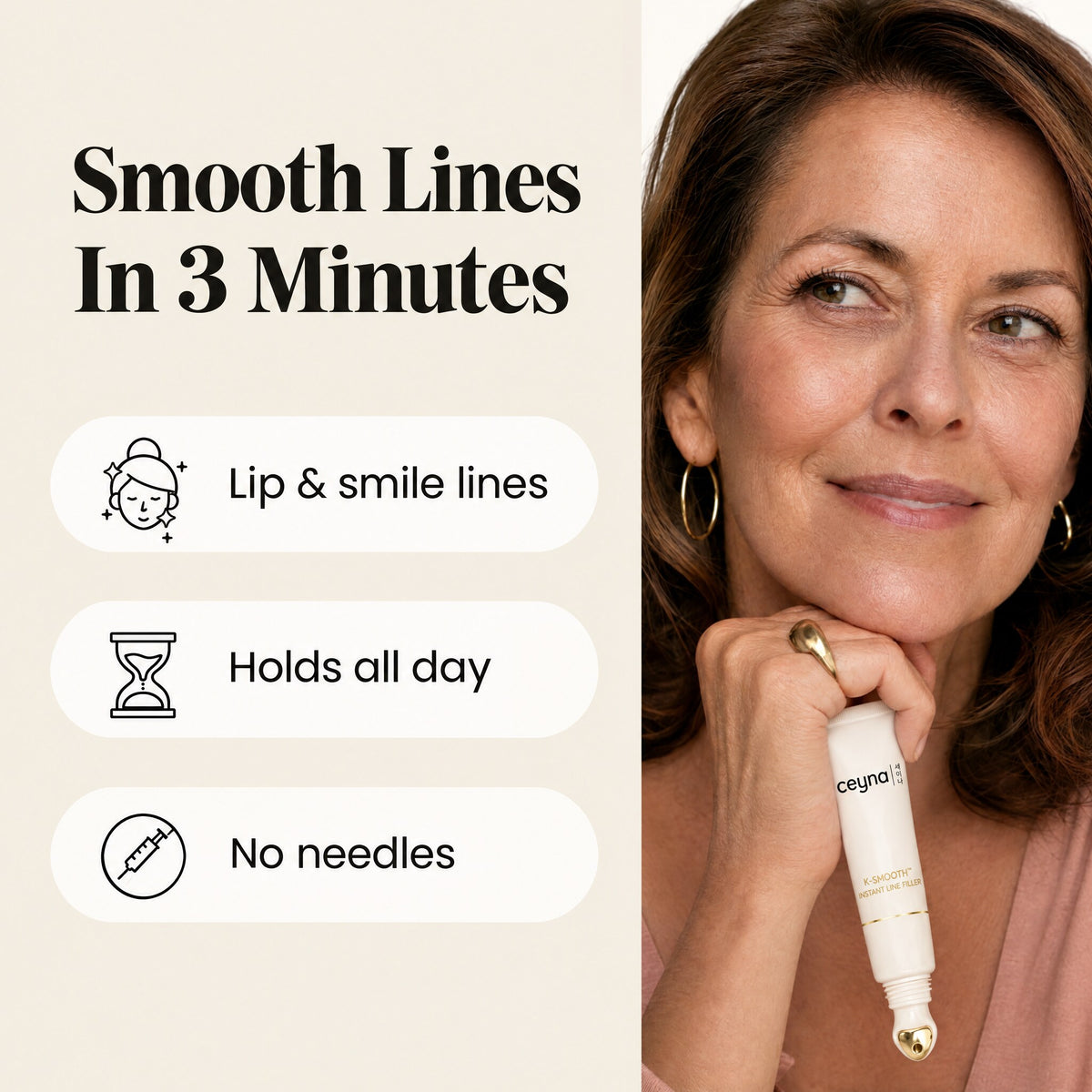 Smooth lines in 3 minutes: lip and smile lines, holds all day, no needles